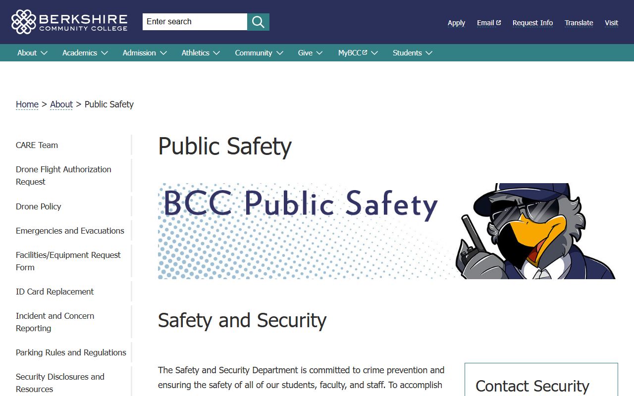 Berkshire Community College public safety page for sex offender registry access