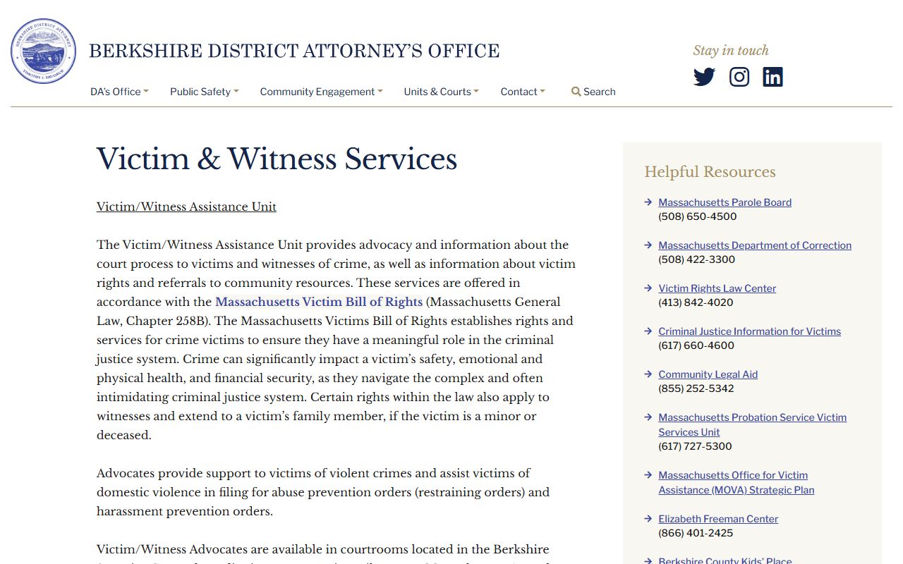 Berkshire County DA victim services for sex offender registry information