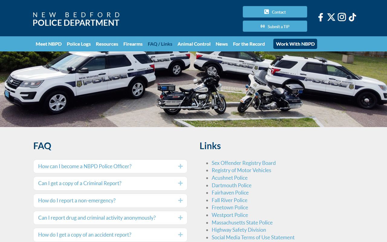 New Bedford Police Department FAQ page for Bristol County sex offender information