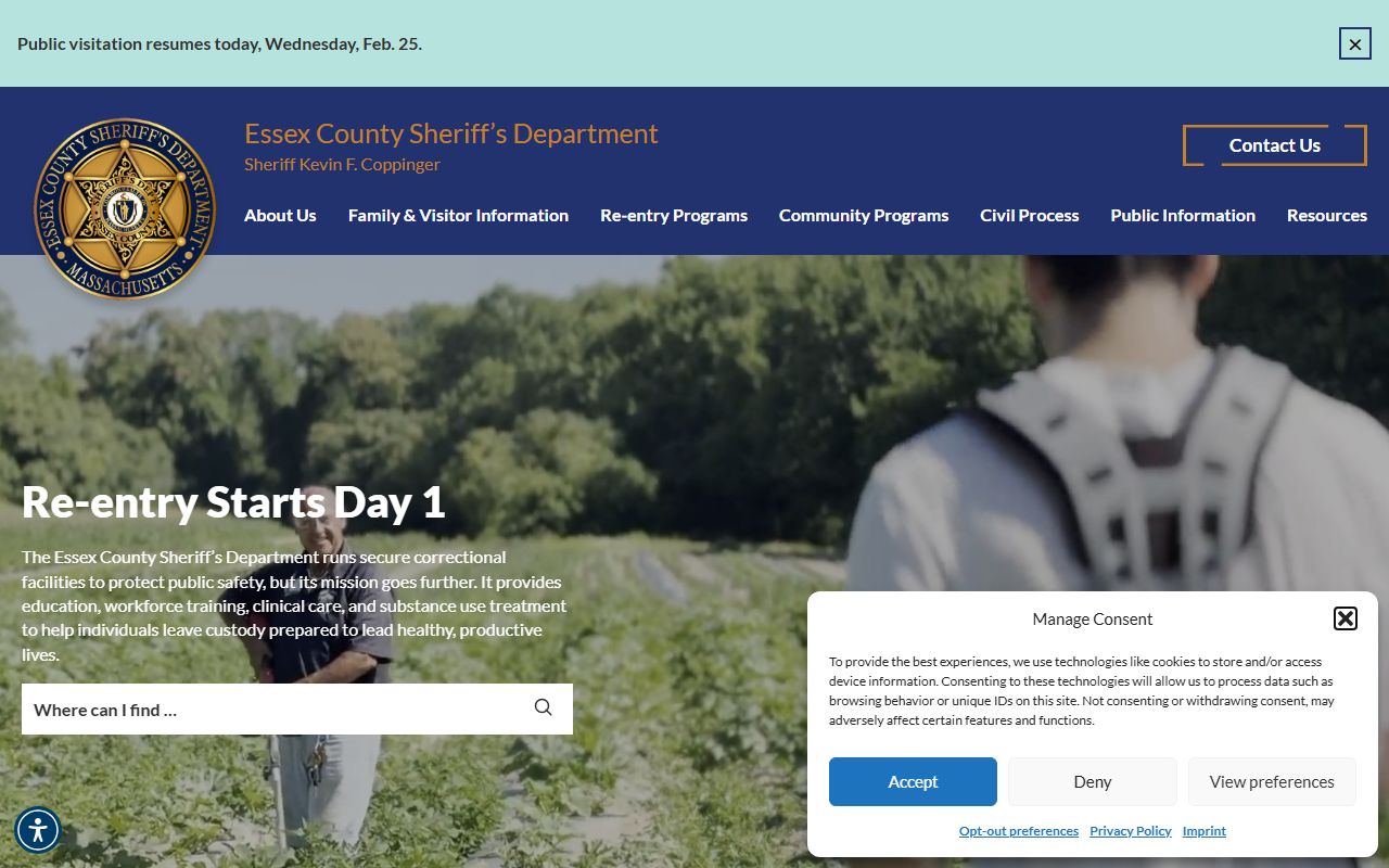 Essex County Sheriff website for sex offender registry coordination