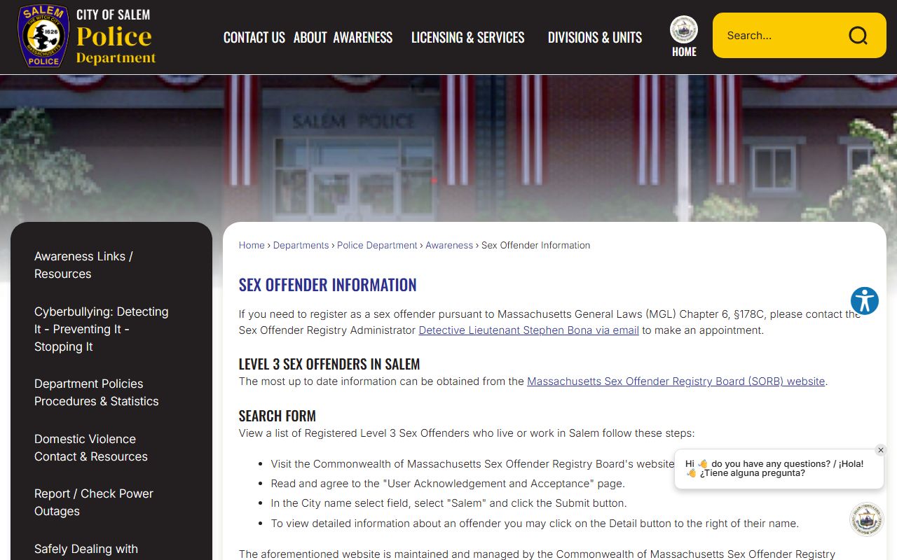 Salem PD sex offender information page for Essex County registry access