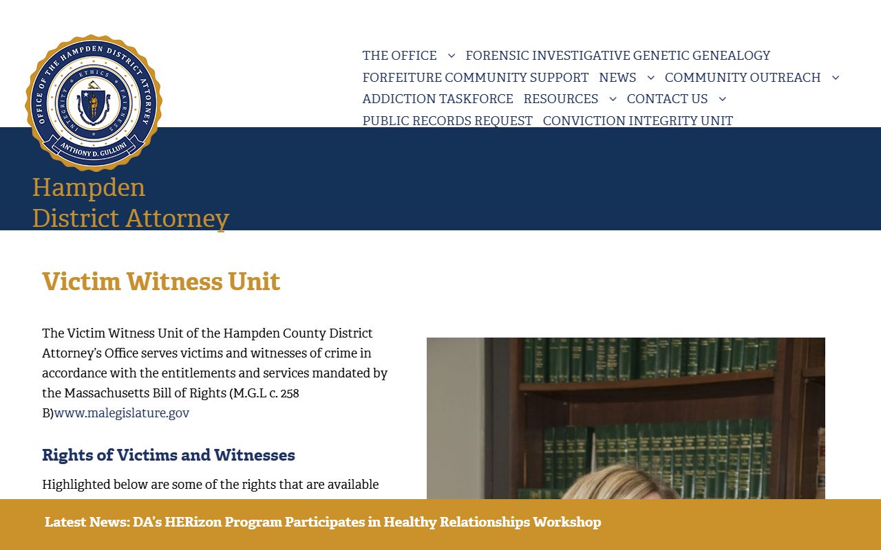 Hampden County DA Victim Witness Unit page for sex offender and crime victim services