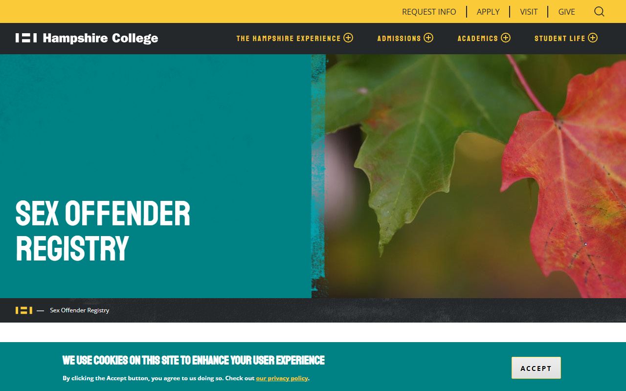 Hampshire College sex offender registry information page for Hampshire County