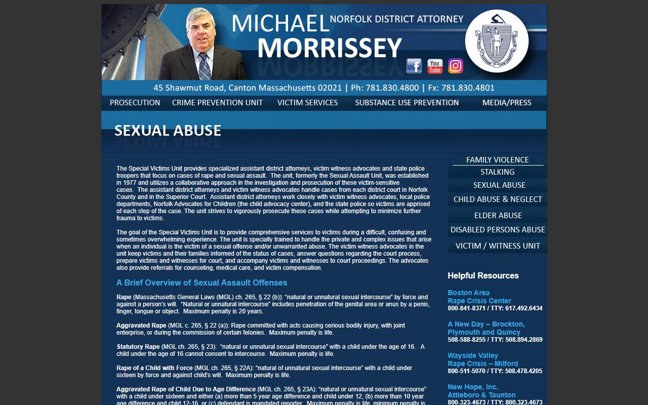Norfolk County DA sexual abuse resources page for sex offender registry victims