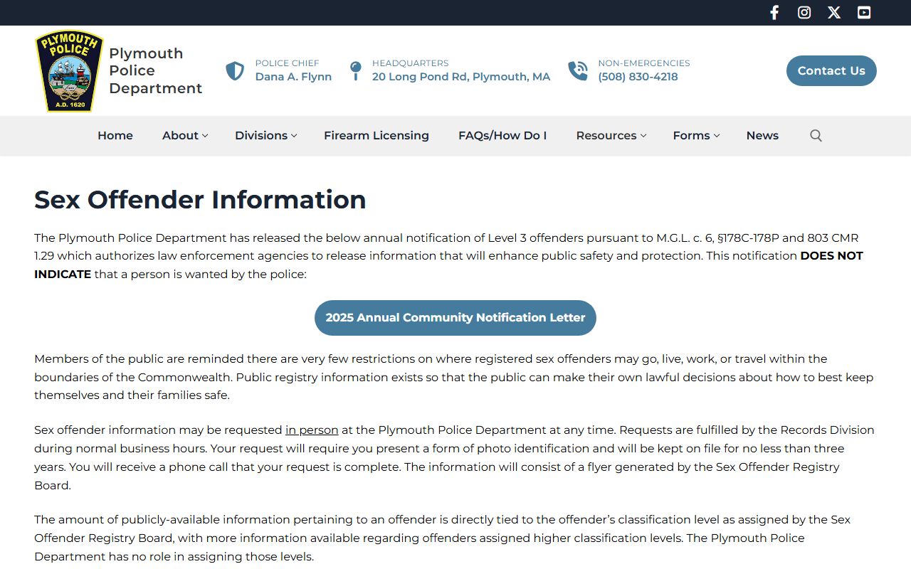 Plymouth Police Department sex offender page for Plymouth County registry information