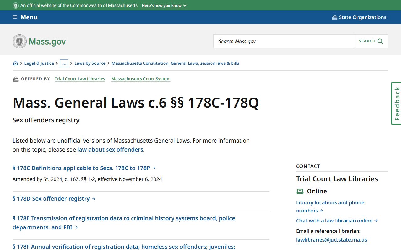 Massachusetts General Laws Chapter 6 sex offender registry sections 178C to 178Q