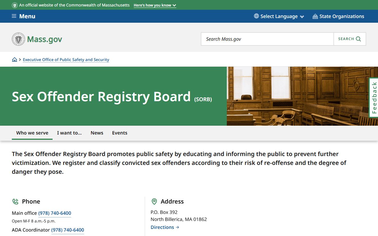 Massachusetts Sex Offender Registry Board SORB main homepage